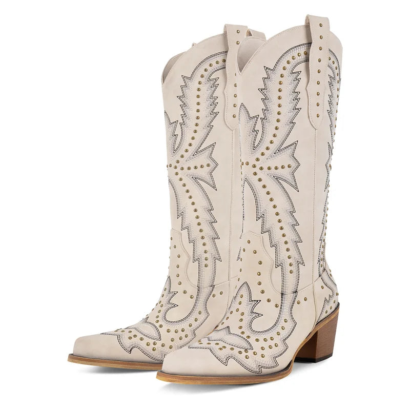 Women Pointed Toe Mid Calf Pull-on Knee High Cowgirl Boots Comfy Chunky Heel Western Boots