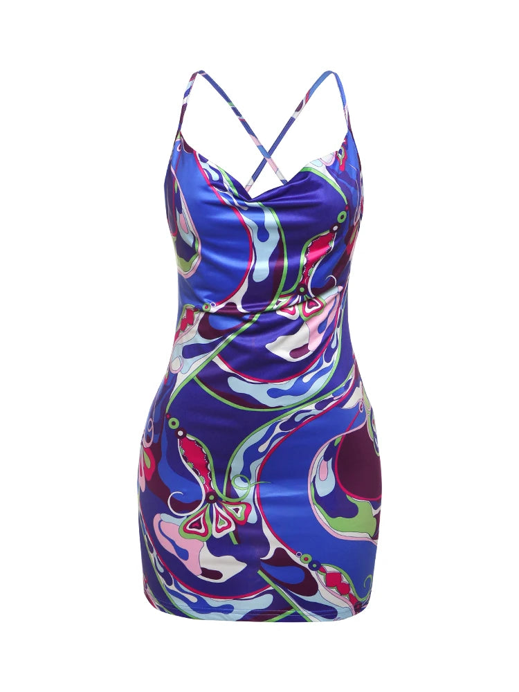 Women's Y2K Backless Dress Sleeveless Colorful Print Tight Mini Summer Sexy Clubwear High Stretch Polyester Spandex