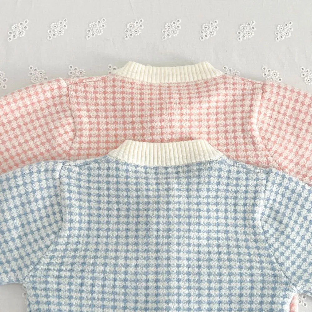 Spring Autumn Children's Clothing Set Girls Plaid Knitted Sweater and Skirt 2PCS Trendy Bow Cardigan Outfit 1-5Y Girls