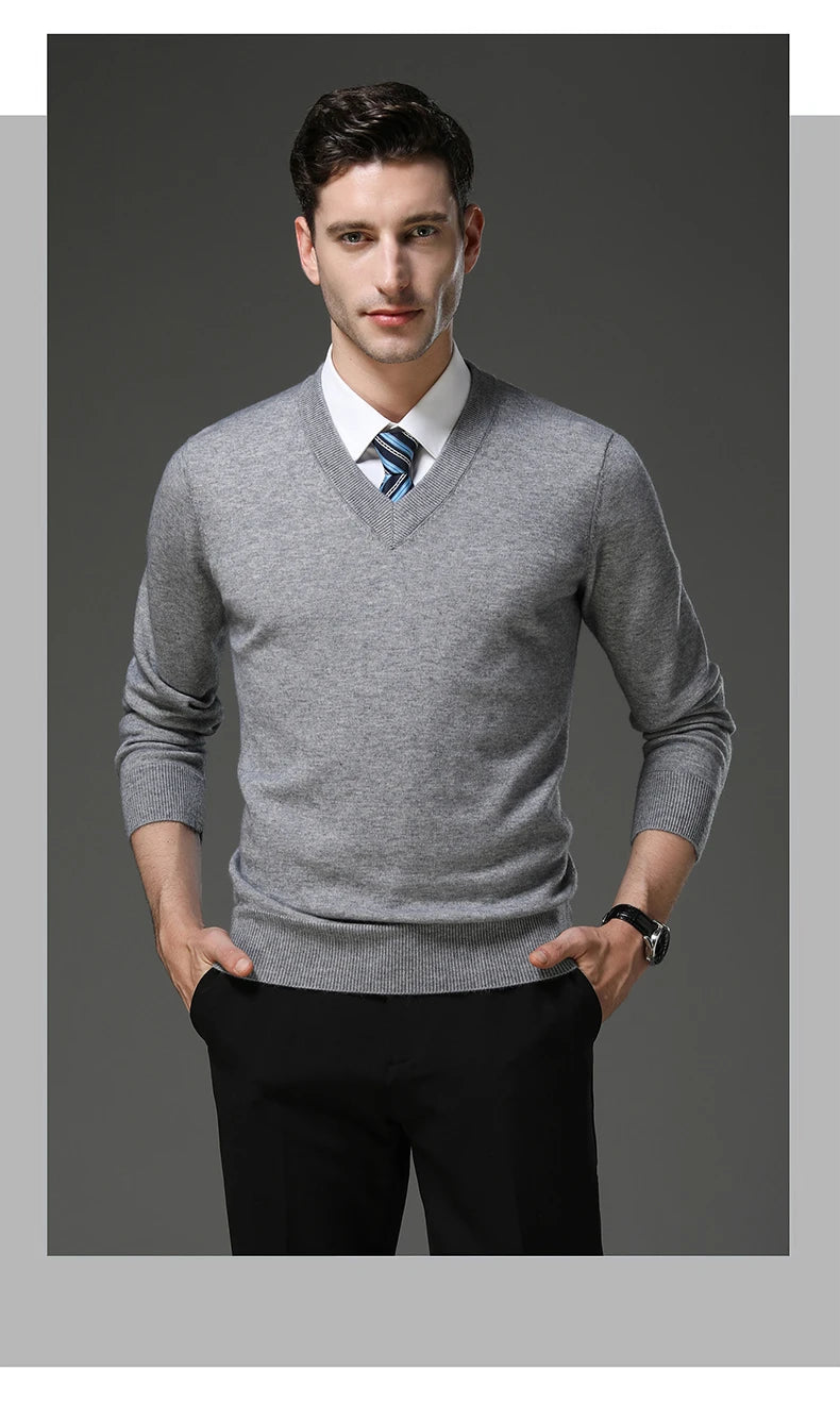 Men's Warm V-Neck Solid Colour Sweater, Autumn & Winter Stretch Top, Daily Leisure Pullover Knitwear, Male Business Casual