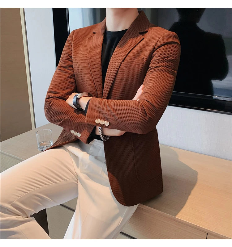 Men’s Waffle Plaid Blazer Coat, Hounds-Tooth Pattern, Wool-Blend Overcoat for Autumn & Winter - Lightweight, Stretchable