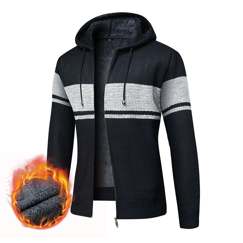 Men's High Quality Thick Plus Velvet New Brand Casual Fashion Hooded Jacket, Zipper Warm Patchwork Windbreaker Male Coats