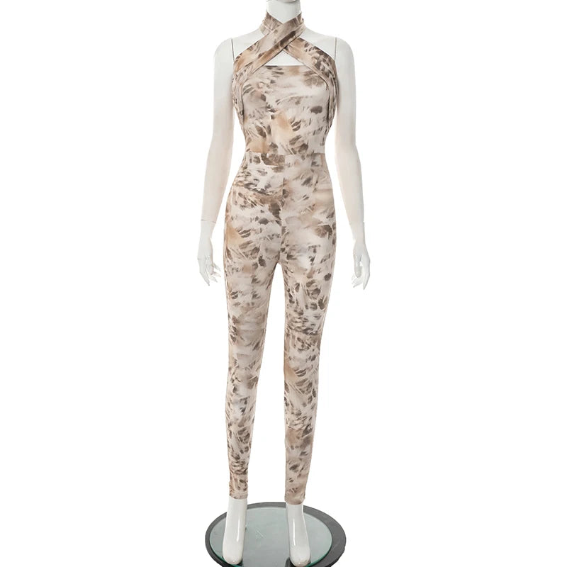 Cross Halter Jumpsuit Women Summer Foliage Print Backless Sleeveless Stretch Fitness Activity Streetwear Overalls