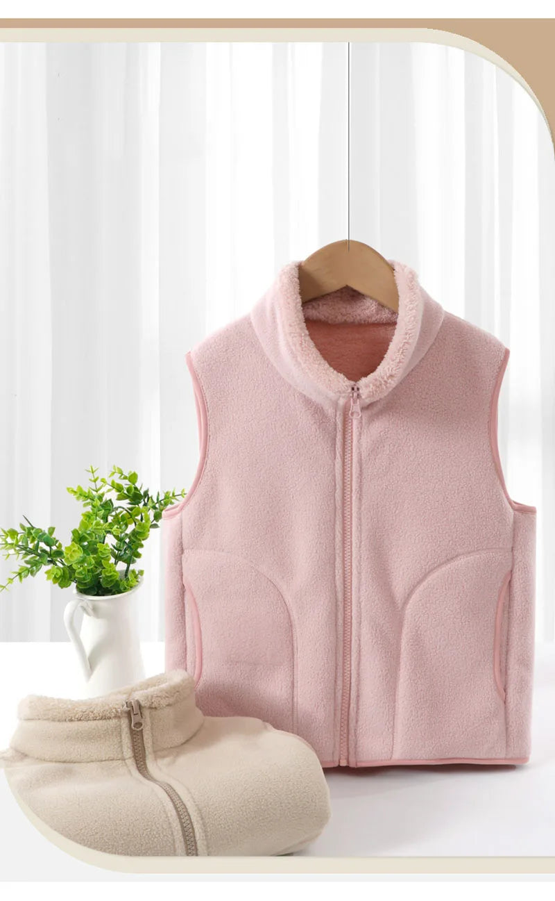 Boys' Winter Warm Vest Solid Colour Big Pocket Waistcoat Zipper Korean Kids Loose Sleeveless Jacket For Children 4-12T