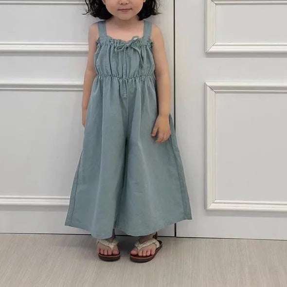 2025 Summer New Girls Fashion Sling Wide Leg Pants Cotton Children Casual Overalls Kids Jumpsuit Solid Baby Girls Loose Trousers 4-6Y