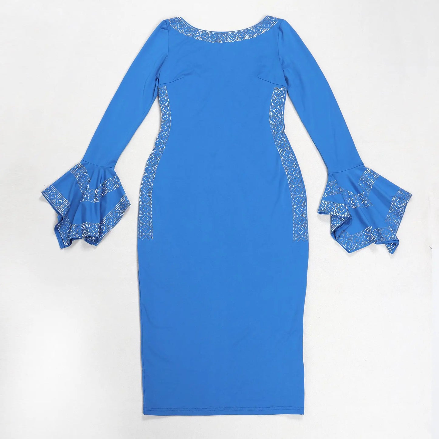 Women's Casual Solid Color V Neck Flare Sleeve Rhinestone Decor Backless Midi Pencil Dress
