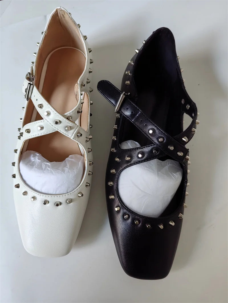 Women White Square Toe Matte Flats Strap Retro Elegant Big Size Daily Flats