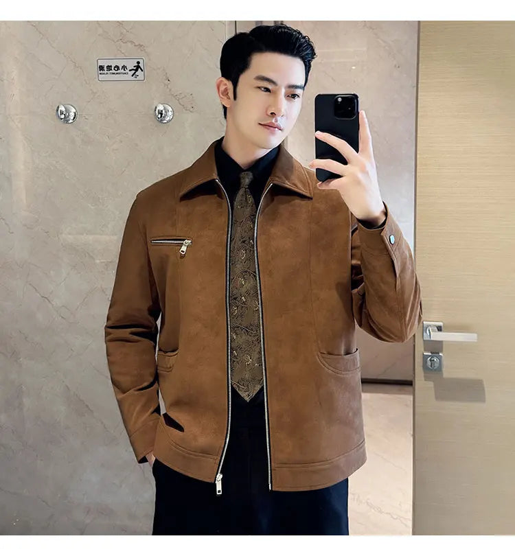 Men's Suede Casual Jacket, Lapel Fashionable Jacket, High-Grade Zipper Decorations, Business Casual Warm Male Coat