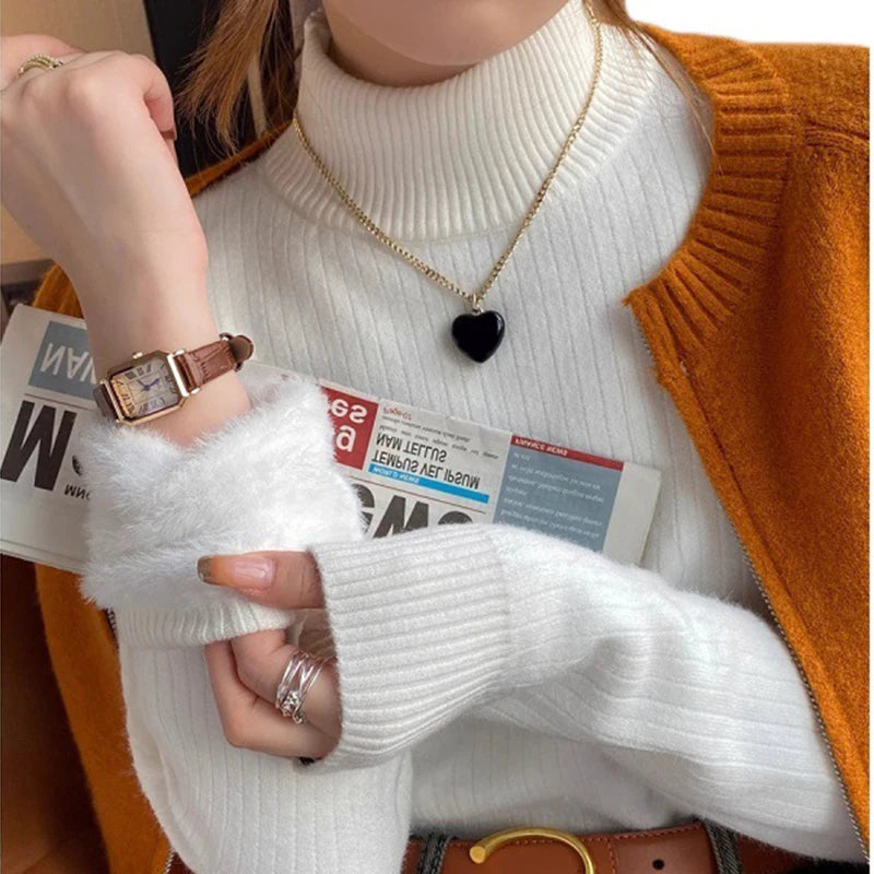 Women's Turtleneck Sweater Winter Retro Red With Velvet Lining Thickened Inner Wear Thermal Knitting Bottoming Shirt