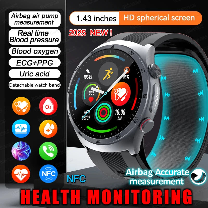 Airbagtype Bloeddruk Smartwatches Bloedzuurstof Sportoproep Gezondheidsmonitoring Saffierglas AMOLED Luchtpomp Smartwatch met NFC