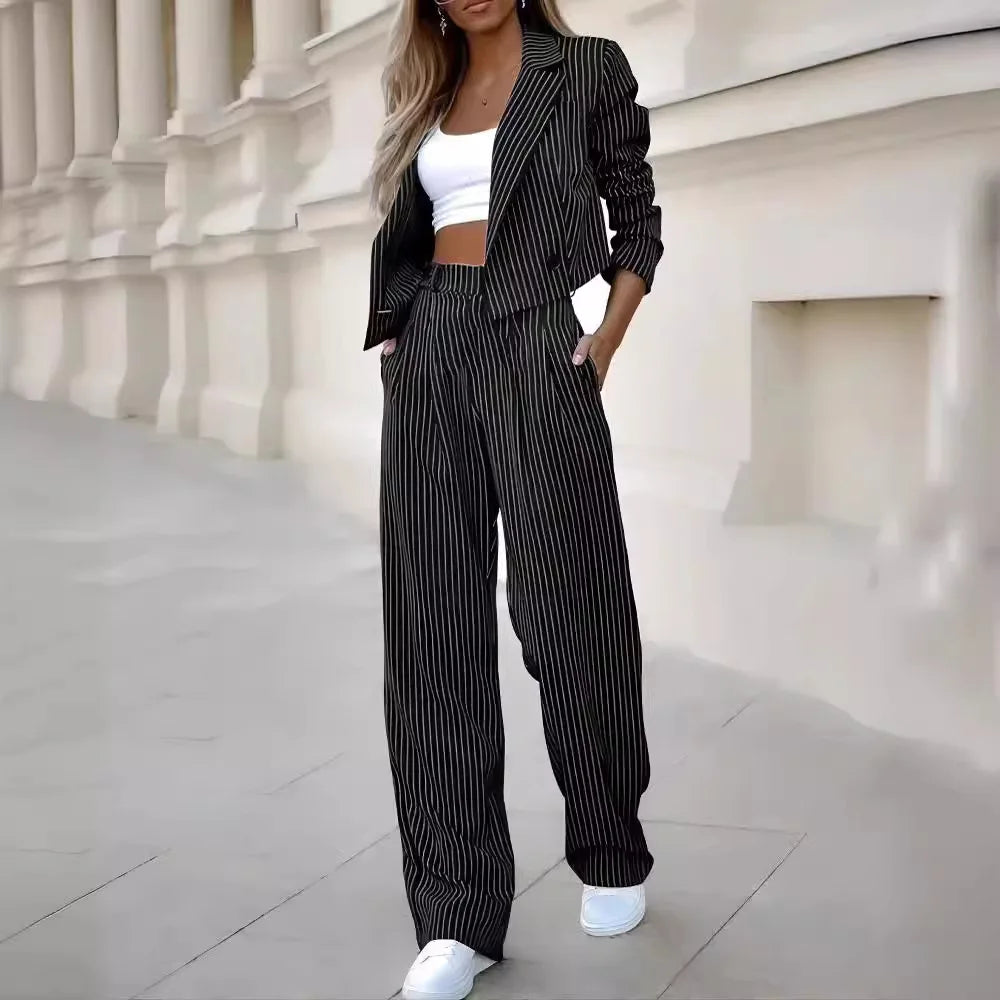 Two Piece Set Women Outfit Autumn Fashion Striped Notched Collar Long Sleeve Blazer Coat & Elegant Straight Leg Pants Set