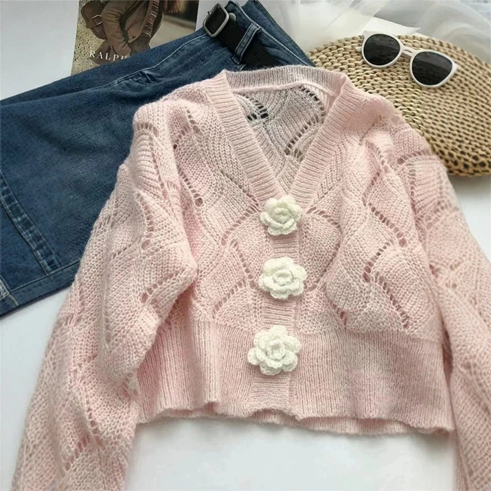 2025 Women's Autumn Cardigan Sweet Three-Dimensional Flowers Long Sleeve V-Neck Regular Fit Dating Cardigan