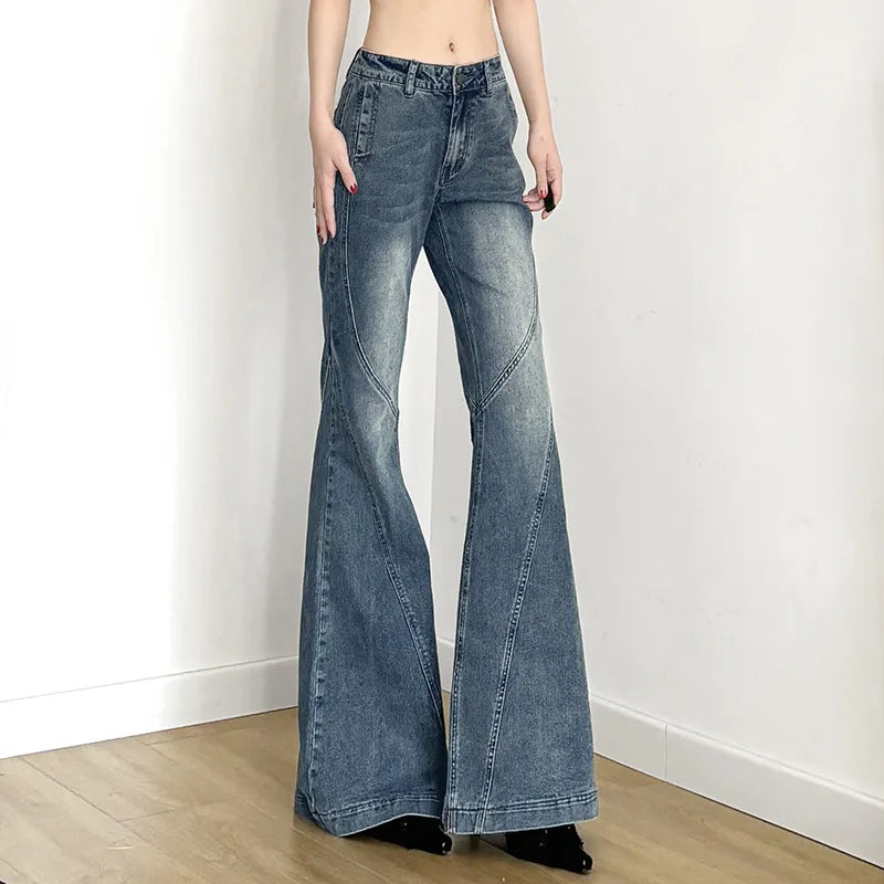 Women's Washed Denim Pants Trend Streetwear Y2K Low-Waist Flare Jeans Woman Casual All-Match Slimming Wide Leg Trousers