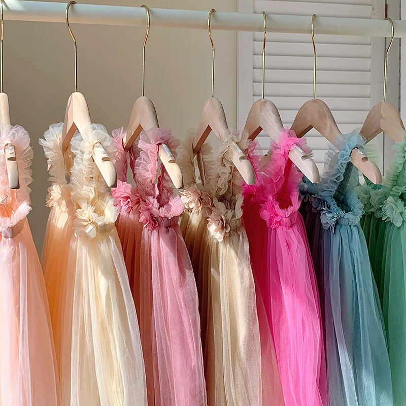 Summer Kids Sweet Mesh Dress Girls 6 Colours Suspended Floral Beach Skirt Children Tutu Princess Dress 1-6Y Girls