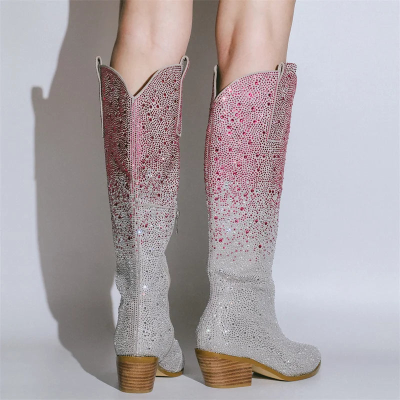 Women Pointed Toe Rhinestone Knee High Western Cowgirl Boots Glitter Bling Shiny Block Heel Lady Boots