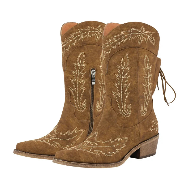 Women Pointed Toe Black Embroidery Western Boots Tapered Heel Round Up Mid-Calf Western Cowgirl Boots