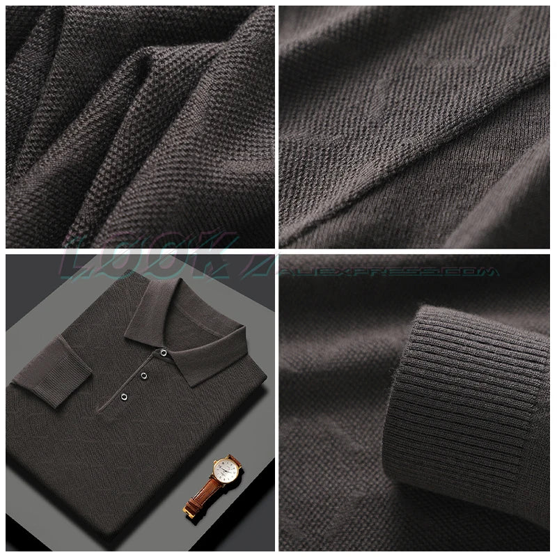 Men's High Quality Woollen Polo Shirt, Blend Fashionable Embroidered Long Sleeve Tee, Korean Style Casual Menswear