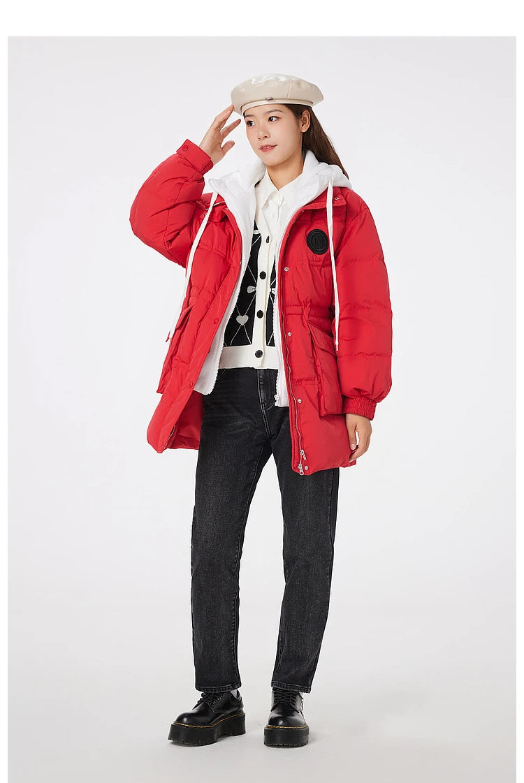 Women's Faux Two-Piece Mid-Length Puffer Jacket With Cosy Polar Fleece Lining, Hooded Warmth Loose Duck Down Coats For Ladies