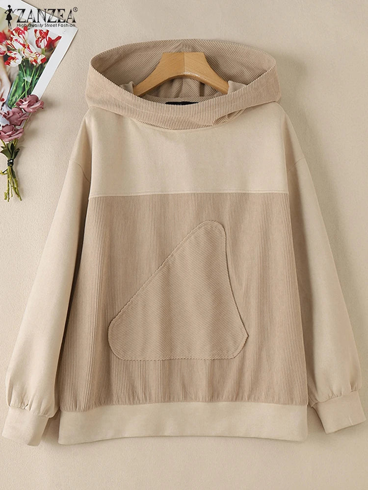 Women Patchwork Corduroy Hoodies Loose Casual Irregular Pocket Hooded Sweatshirts 2024 Fall Colour Block Long Sleeve Tops