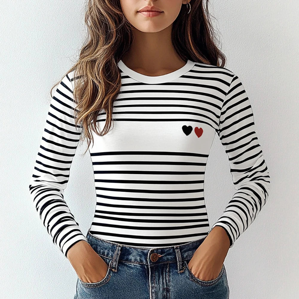 Women's T-Shirts Autumn Fashion Stripe Sweetheart Pattern Long Sleeve Crew Neck Regular Casual T-Shirts