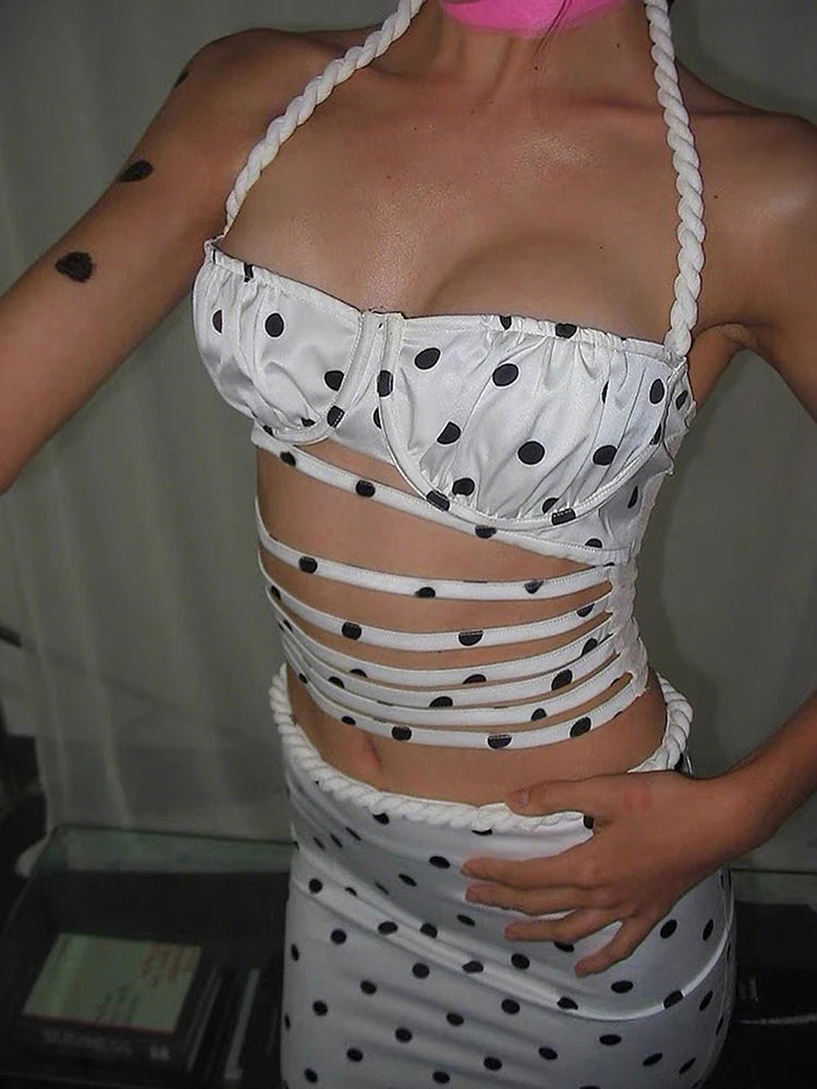 Polka Dots 2 Piece Set Women Twist Bandage Halter Hollow Camisole + Skinny Mid Skirts Street Fashion Elegant Outfits For Women