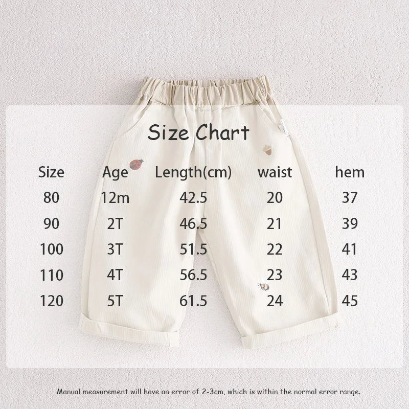 2025 Nieuwe baby kinder casual broek lente jongens effen kleur broek meisjes cartoon borduurwerk outdoor broek 1-5 jaar unisex