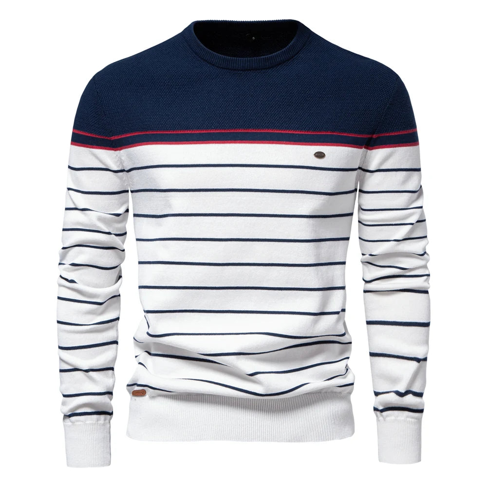 Men's O-neck Cotton Pullover Sweater Striped Casual Autumn and Winter High Quality Knitted Sweaters for Men