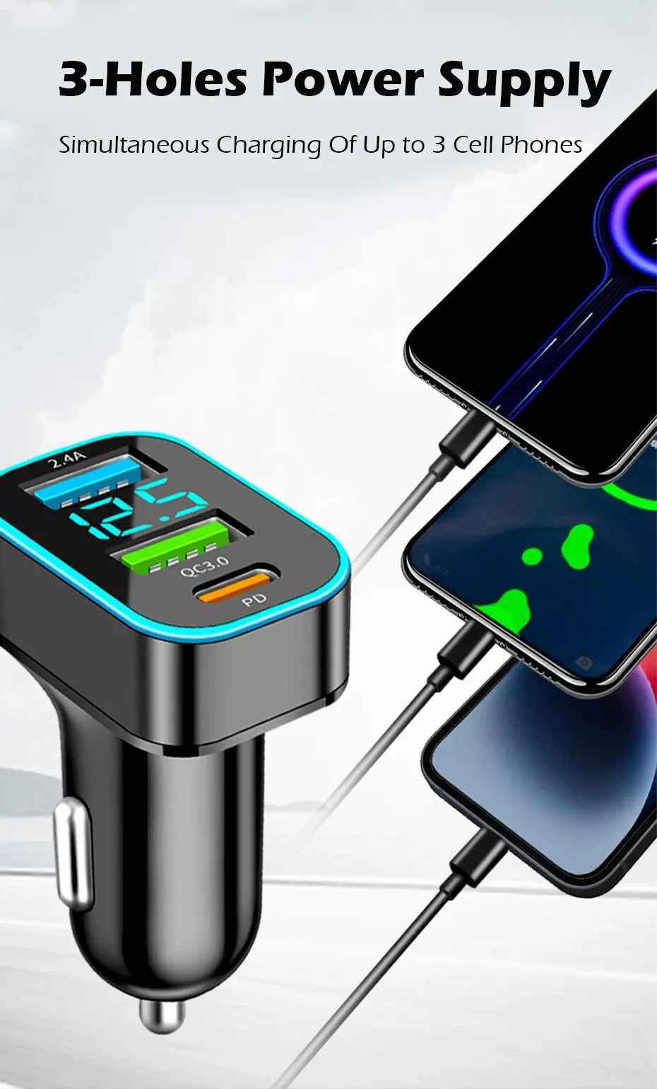 66W Autolader 3 Poorten USB Auto Sigarettenaansteker Snel Opladen Auto Telefoon Oplader Adapter Voor HUAWEI iPhone Samsung Xiaomi
