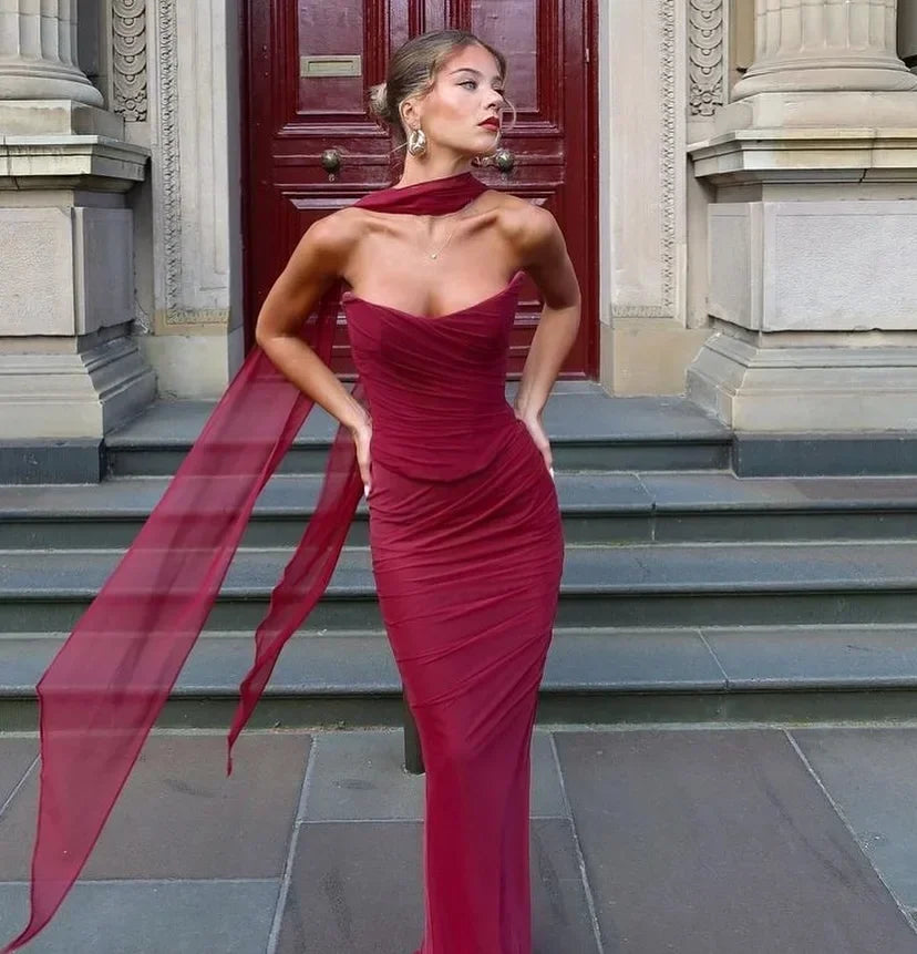 Elegant Women 2 Piece Dress Set 2024 Strapless Bodycon Crop Top and Maxi Skirt Set Formal Wedding Guest Party Dress