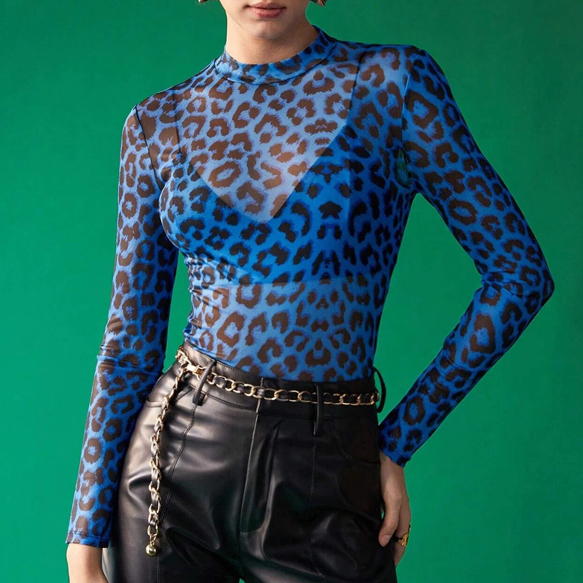 Women's T-Shirts Autumn Daily Basic Leopard Mesh Long Sleeve Crew Neck Fashion High Street T-Shirts