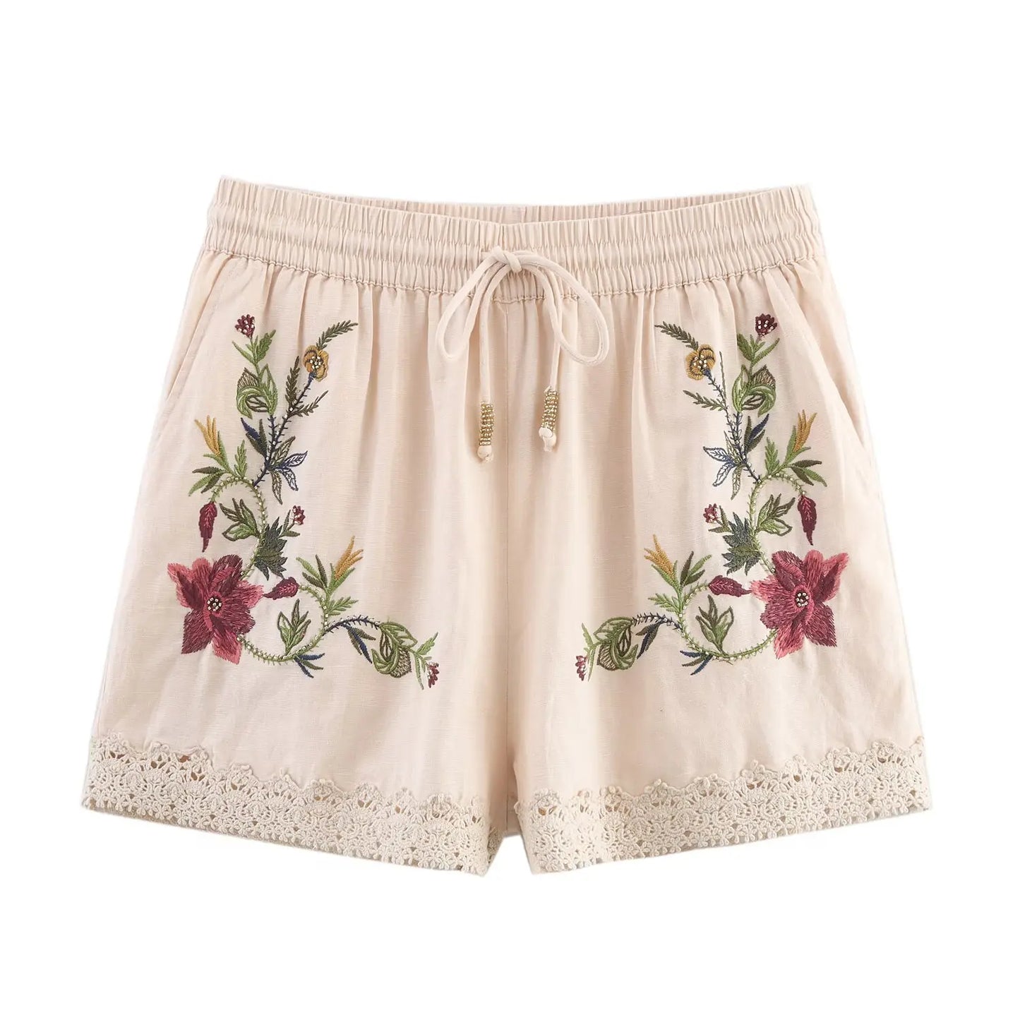 Women's Floral Embroidery Casual Shorts with Elastic Waist And Drawstrings Middle Age Polyester Shorts Summer 2025 Collection