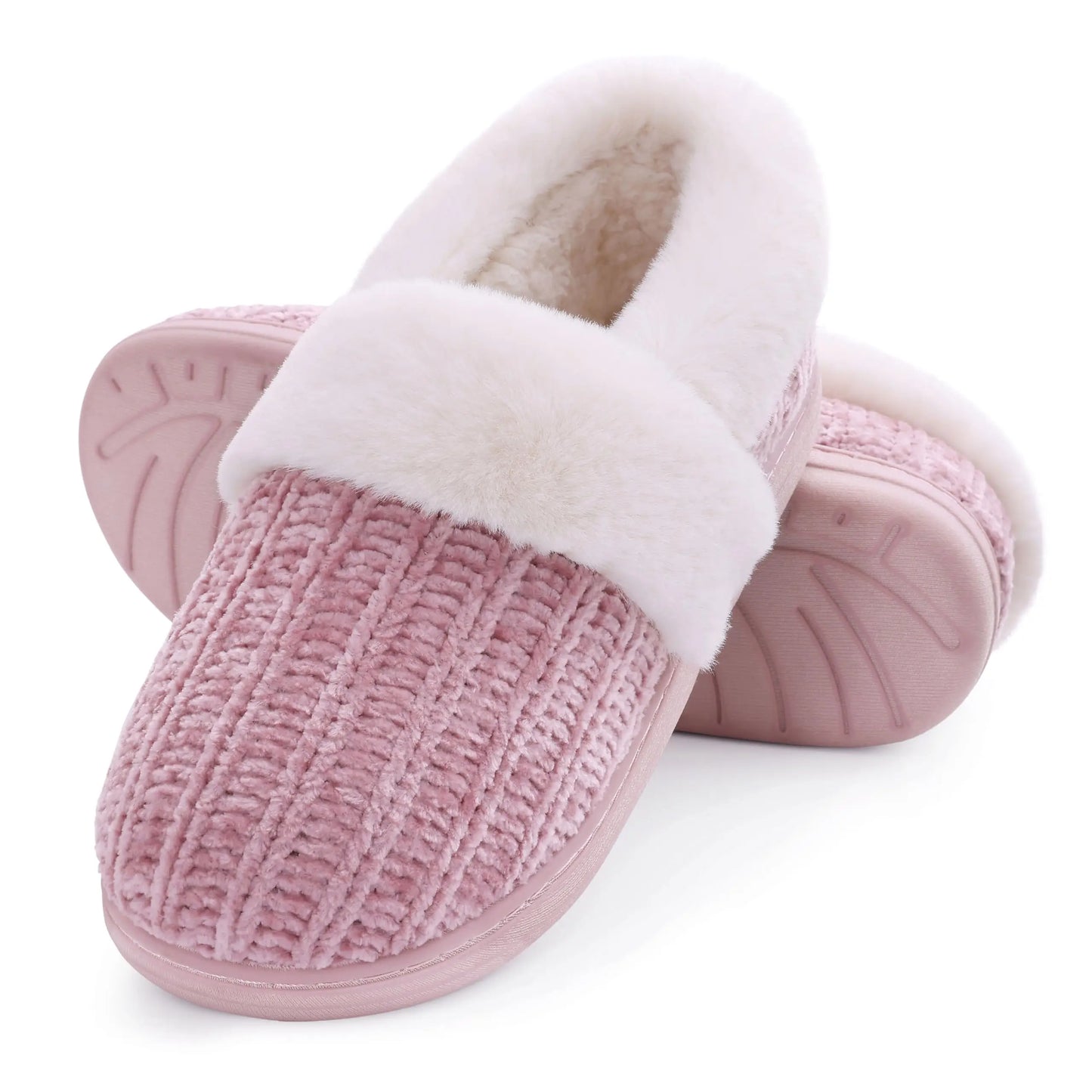 Women's Fleece Lined Warm House Cotton Slippers With Memory Foam and Non-Slip Cosy Fluffy Sole Plush Knit Slides Suitable For Bedroom Use