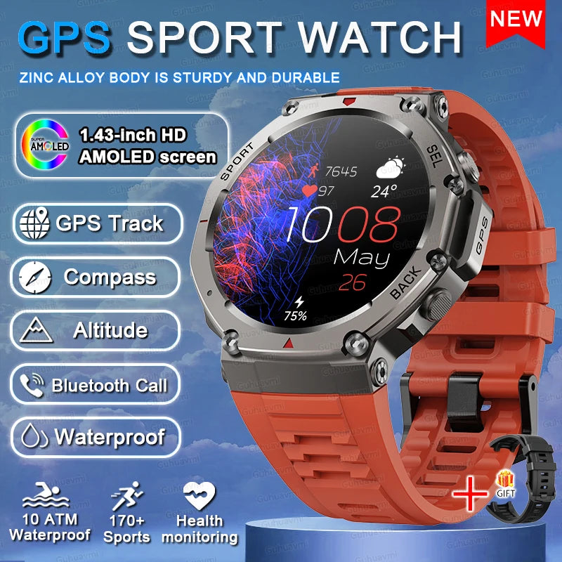 2025 New Outdoor Military Smart Watch Men GPS Track Waterproof Swim Health Monitor Compass GPS Sport Fitness Smart Watch Bracelet