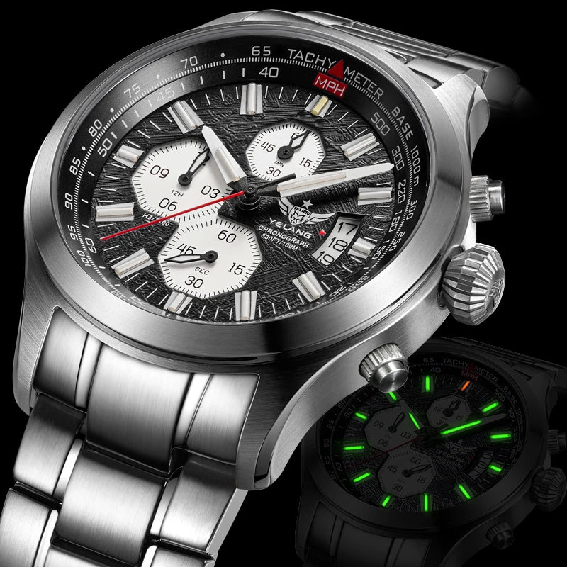 Yelang Men's Three Eyes Six Needles Japan OS00 Movement 100M Water Resistant Waterproof Diving Stainless Steel Quartz Watch