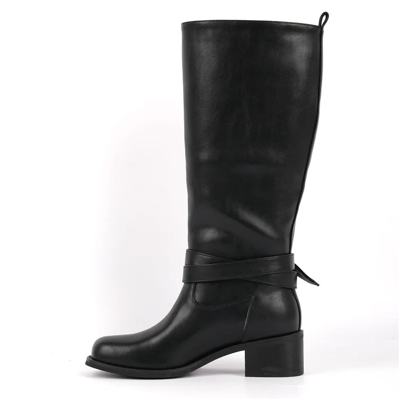 Women Round Toe Knee High Boots Low Heel Fashion Pull on Wide Calf Boots