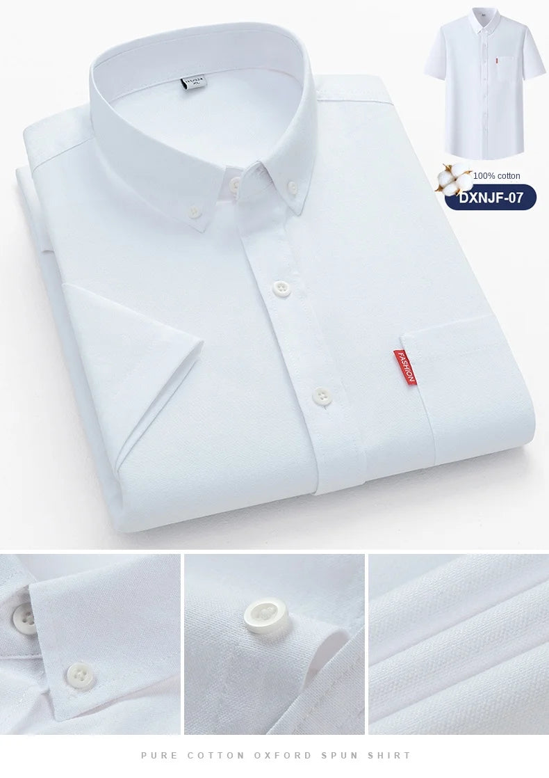 Men's Summer Shirts Short Sleeve 100% Cotton Luxury Oxford White Yellow Red Business Formal Dress Shirt Big Size 5XL