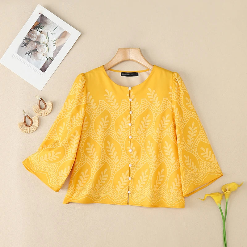 Casual Printing Shirts Women 2025 Autumn Elegant O-Neck Three Quarter Sleeve Button Up Chemises Femme Everyday Wear Tops