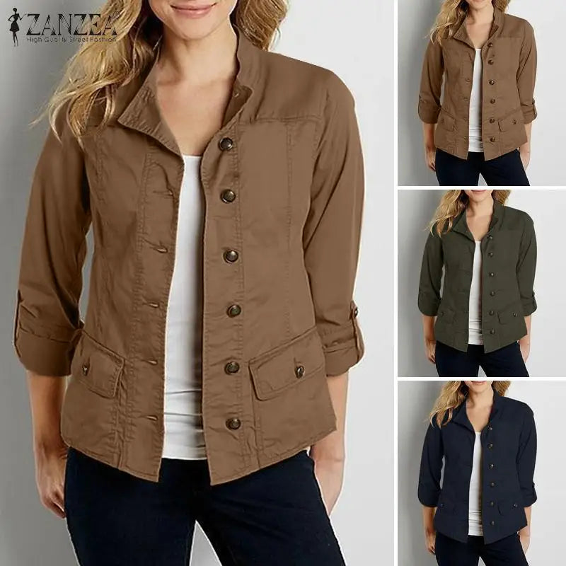 Fashion OL Jackets Woman Long Sleeve Stand Collar Outerwear Autumn Vintage Party Work Wear Female Elegant Button UP Coats