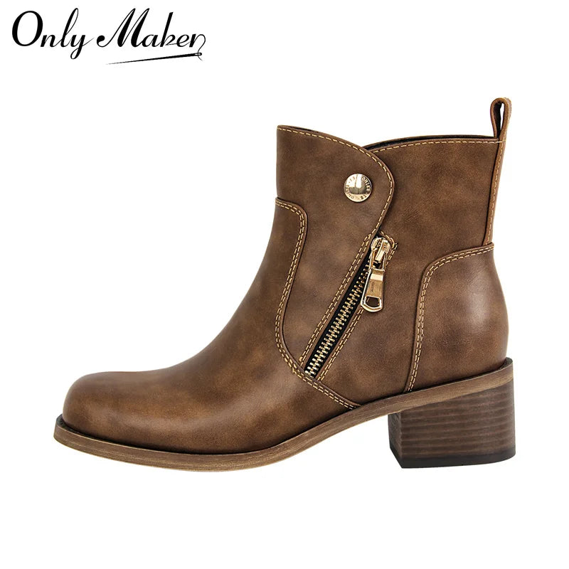 Women Round Toe Side Zipper Ankle Boots Gothic Heeled Conciser Winter Combat Boots