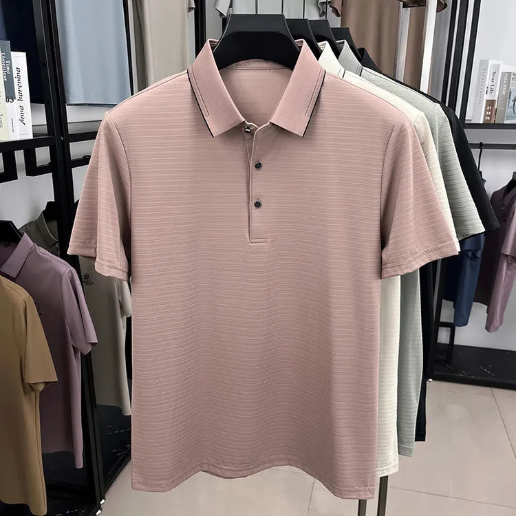 Men's Short-Sleeved T-Shirt, Subtle Striped Texture, Classic Collar Design With Button Details - Soft and Breathable Fabric Polo