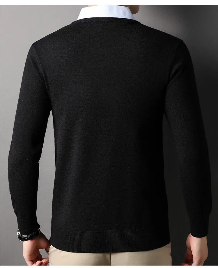 Unisex Knit Sweater Dark Navy False Two-Piece Design Thickened Layered Look With Built-in Collar Soft Touch & Warm Sweater For Men & Women