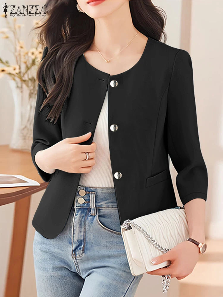 Elegant Women Over Shirts 2025 Autumn Fashion Round Neck 3/4 Sleeve Button Up Chemises Femme Office Wear Solid Outerwear