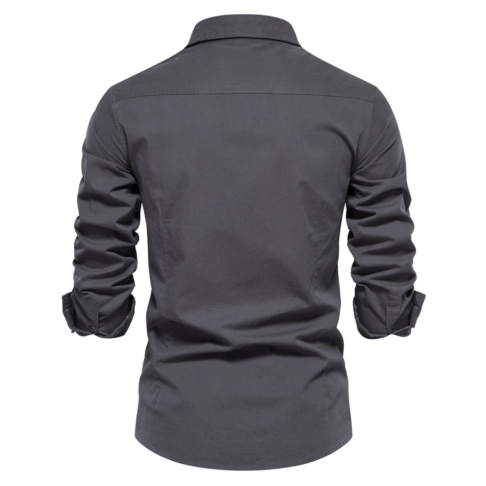 Men's Autumn Military Style 100% Cotton Pocket Shirt Solid Colour Slim Casual Long Sleeve Male Shirt For Men