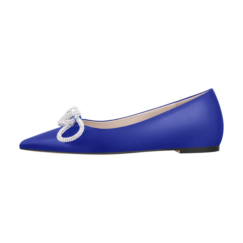 Woman Flats Pointed Toe Blue Rhinestones Bow Clear Flat Daily Elegant Female Slip On Shoes