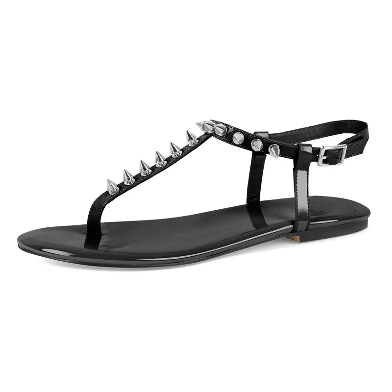 Women Round Toe T-Strap Rivet Flats Sandals Big Size Fashion Summer Sliper