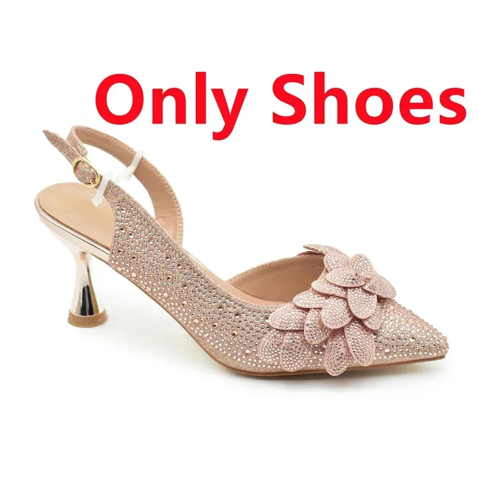 Women's Rhinestones-Decorated Party Luxury Italian Pointed Toe Shoes and Bag Set for Ladies' Wedding Pumps With High Heel