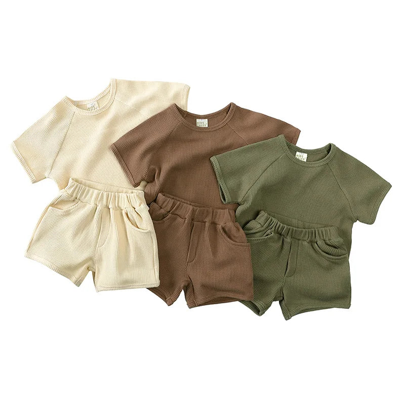 Kid's Summer Outwear Clothing Set Casual Boys Girls Waffle T-shirt Suit Children's 2PCS Tee And Shorts 1-6Y Unisex