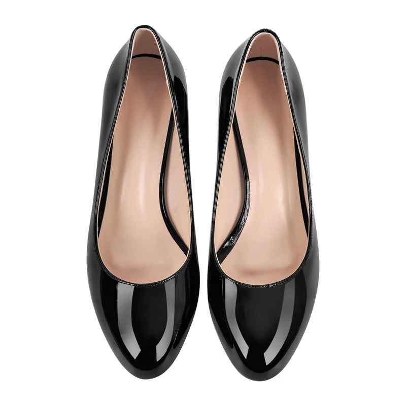 Women Pumps Black Round Toe Block Classic Slip On Thick Heel Office Dress Elegant Handmade Chunky Shoes