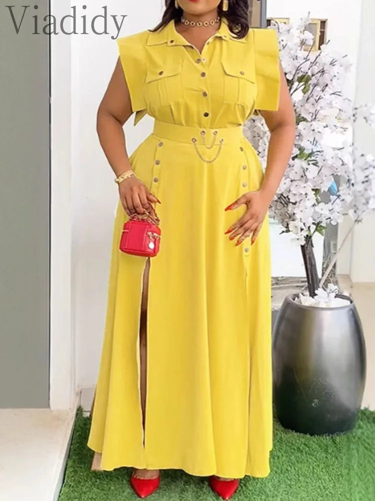 Women's Casual Solid Color Sleeveless Button Front Shirt Blouse and High Waist Big Swing Skirt 2pcs Set