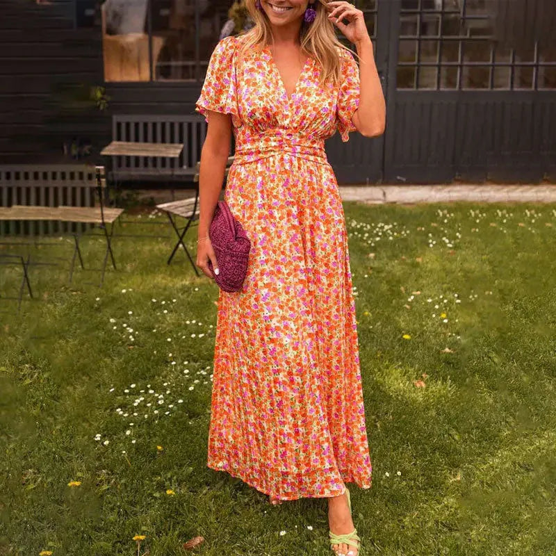 Summer Elegant Fragmented Flower Dress Women Fashion Beach Style V-neck Bubble Sleeves Long Dress Women